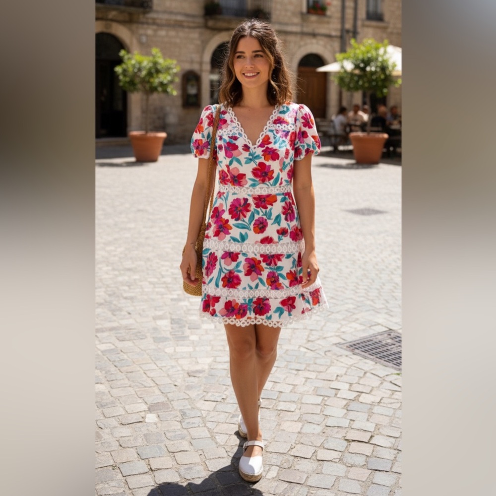 B Darlin Multicolored Floral with Crochet Cutouts Dress - Size 13/14 Juniors